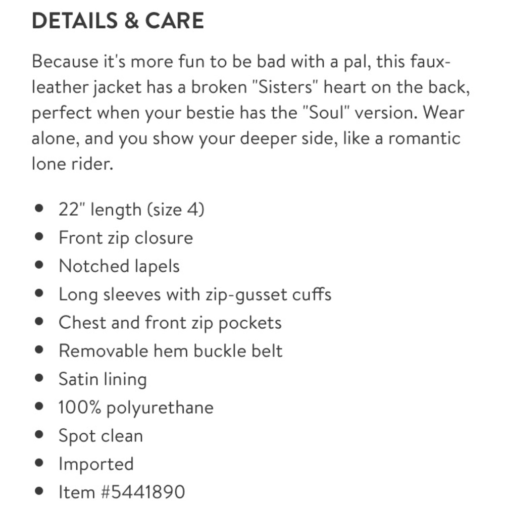 SOLD! Sisters Faux Leather Biker Moto Jacket - Picture 6 of 6